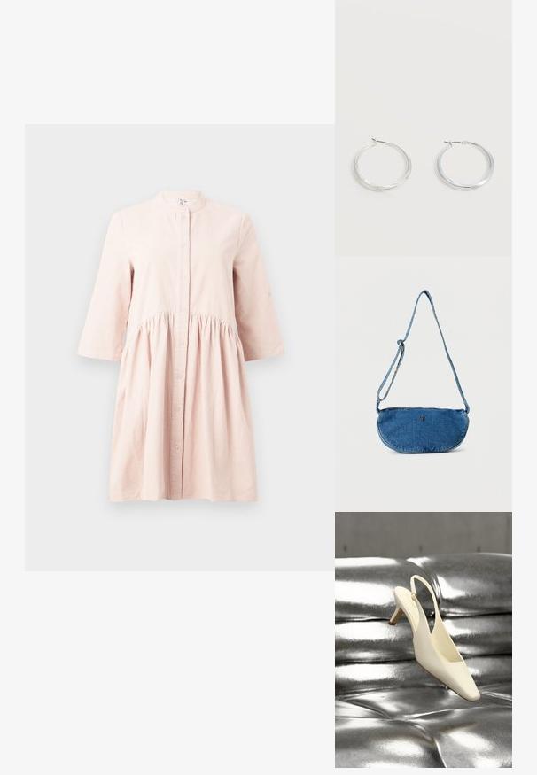 Lichtroze, langemouwen corduroy jurk met een mandarin-col, knoopsluiting aan de voorkant en een geraffineerd taille detail.; Crèmekleurige slingback kittenheel schoen met een vierkante neus, rustend op een glanzend zilverkleurig gewatteerd lederen oppervlak.; Blauwe denim crossbodytas met verstelbare riem en klein metalen logo aan de voorkant, weergegeven tegen een witte achtergrond.; Zilverkleurige metalen creolen oorbellen met een glad, licht gebogen oppervlak en sluitingen met haaksluiting op een effen witte achtergrond.