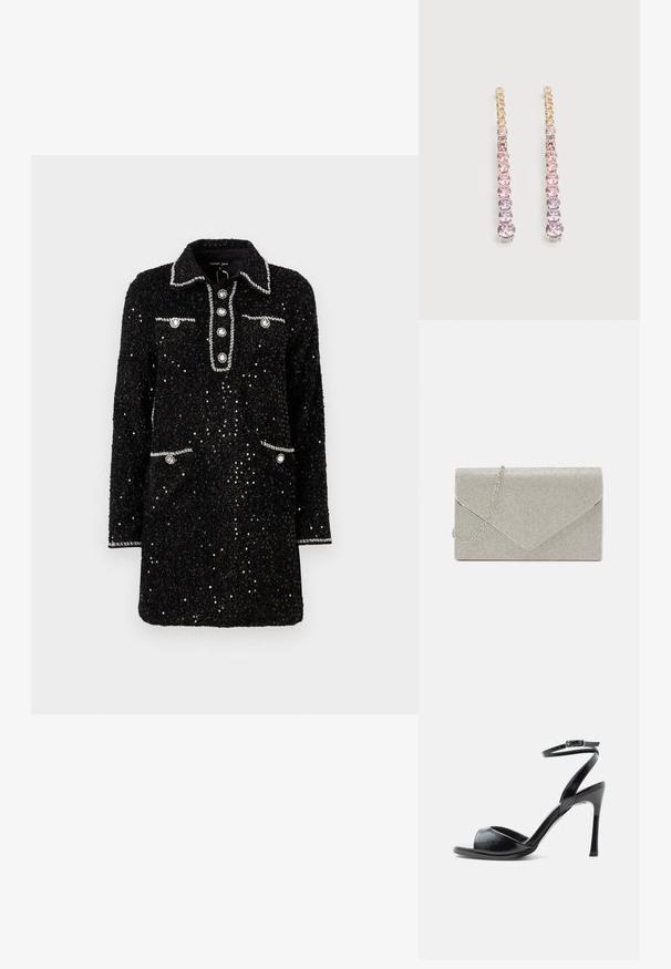 Schwarzes Paillettenkleid mit einem Kragen, fünf Knöpfen an der Vorderseite und zwei Taschen, verziert mit silbernen Akzenten und runden Verzierungen.; Schwarze Sandalette mit hohem Absatz, offenem Zehenbereich, schlankem Stiletto-Absatz und Knöchelriemen mit Schnalle vor weißem Hintergrund.; Metallisch silberne Clutch mit einem Umschlagdesign, verziert mit einem strukturierten Muster und ausgestattet mit einem abnehmbaren Kettenriemen.; Lange Ohrhänger mit einem Farbverlauf aus runden Edelsteinen in Gelb-, Pink- und Violetttönen, gefasst in Silber.