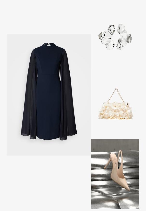 Marineblaues Kleid mit hohem Ausschnitt und langen, durchsichtigen Ärmeln. Der Körper ist figurbetont, während die Ärmel locker und schwingend sind. Ideal für formelle Anlässe.; Beiger Lackleder-Pumps mit Riemchen und hohem Absatz, beschriftet mit "VEGAN", ruhend auf einer metallisch-silbernen, getufteten Oberfläche.; Weißes Blumenhandtasche mit einer gerafften Stoffoberfläche, goldfarbener Kettenriemen und metallischem Verschluss. Mit strukturierten Blütenblättern für zusätzliche Details.; Cluster von sechs unregelmäßig geformten, transluzenten und reflektierenden glasähnlichen Stücken, angeordnet auf weißem Hintergrund.