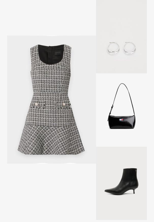 Vestido sin mangas en tweed blanco y negro con corsé ajustado, falda acampanada y dos bolsillos frontales adornados con embellishments redondos.; Botín de piel negra con puntera puntiaguda y tacón bajo estilo kitten sobre fondo claro, mostrando vista lateral exterior.; Bolso de hombro de charol negro con una correa curva, cierre de cremallera y un parche de logo rectangular en rojo, blanco y azul.; Pendientes de aro de plata con un acabado pulido y la marca DKNY, exhibidos sobre un fondo blanco liso.
