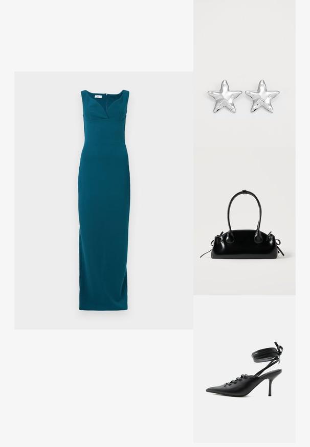 Robe teal long jusqu'au sol avec une silhouette ajustée, décolleté profond et bretelles larges ; tissu lisse avec une fermeture éclair au dos.; Chaussure à talon haut noire à bout pointu avec laçage à l'avant et brides enroulées autour de la cheville nouées en nœud, vue de côté sur fond blanc.; Petit sac à main noir brillant avec deux longues anses et des détails à cordon sur les côtés sur un fond clair uni.; Boucles d'oreilles argentées en forme d'étoile, avec une surface lisse et brillante. Chaque boucle d'oreille possède cinq pointes et des détails subtils de texture de surface.
