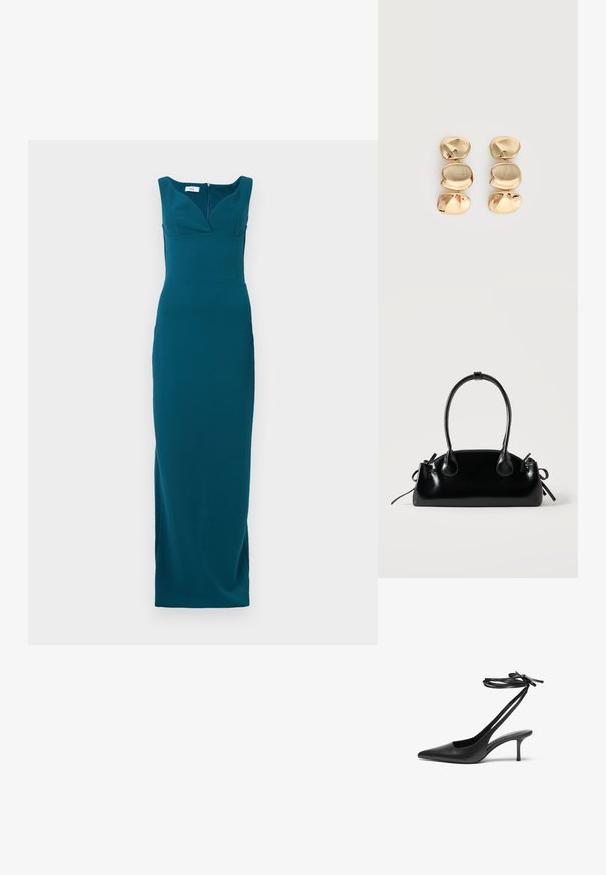 Robe teal long jusqu'au sol avec une silhouette ajustée, décolleté profond et bretelles larges ; tissu lisse avec une fermeture éclair au dos.; Escarpin noir en cuir avec un bout pointu, un dos ouvert et des brides à la cheville nouées en nœud. Talon fin de 3 pouces. Texture lisse, design minimaliste.; Petit sac à main noir brillant avec deux longues anses et des détails à cordon sur les côtés sur un fond clair uni.; Boucles d’oreilles pendantes ton or avec trois segments irréguliers, lisses et arrondis empilés verticalement sur un fond clair uni.