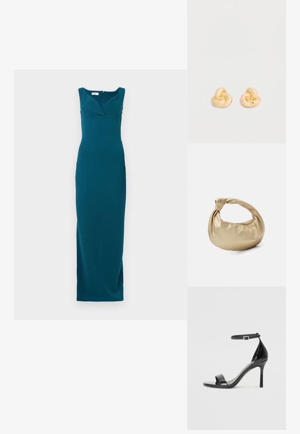 Robe teal long jusqu'au sol avec une silhouette ajustée, décolleté profond et bretelles larges ; tissu lisse avec une fermeture éclair au dos.; Sandale à talon haut en cuir verni noir avec un bout ouvert, une seule lanière à l'avant et une lanière de cheville ajustable.; Sac à main en métal doré avec une texture lisse et brillante. Il possède une anse nouée et une forme arrondie et douce. Fermeture zippée sur le dessus.; Paire de clous d'oreilles en forme de nœud, couleur or brillant, sur un fond blanc uni.