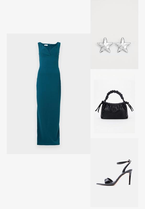 Robe teal long jusqu'au sol avec une silhouette ajustée, décolleté profond et bretelles larges ; tissu lisse avec une fermeture éclair au dos.; Sandale à talon haut en cuir verni noir, à bout ouvert, avec bride à la cheville et fermeture à boucle, vue de profil sur fond blanc.; Sac à main noir avec texture crocodile, bord supérieur froncé, poignée plissée et pompons à cordon de chaque côté sur fond blanc.; Boucles d'oreilles argentées en forme d'étoile, avec une surface lisse et brillante. Chaque boucle d'oreille possède cinq pointes et des détails subtils de texture de surface.