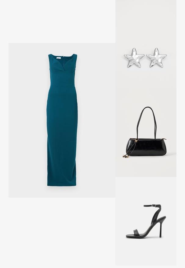 Robe teal long jusqu'au sol avec une silhouette ajustée, décolleté profond et bretelles larges ; tissu lisse avec une fermeture éclair au dos.; Sandale à talons hauts noire avec une fine sangle au niveau de la cheville et deux bandes à l'avant. Fabriquée en cuir lisse avec un bout pointu élégant et un talon aiguille.; Sac à main rectangulaire noir avec deux longues bandoulières, détail anneau doré et fermeture éclair sur un fond clair uni.; Boucles d'oreilles argentées en forme d'étoile, avec une surface lisse et brillante. Chaque boucle d'oreille possède cinq pointes et des détails subtils de texture de surface.