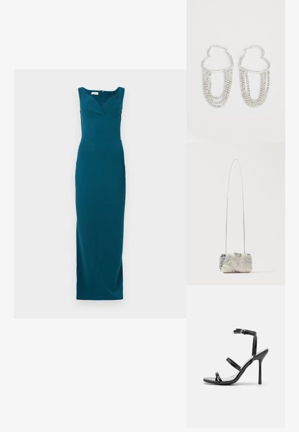 Robe teal long jusqu'au sol avec une silhouette ajustée, décolleté profond et bretelles larges ; tissu lisse avec une fermeture éclair au dos.; Sandales à talons hauts en cuir verni noir avec trois sangles horizontales et une sangle de cheville ajustable. Silhouette élégante et finition brillante.; Pochette rectangulaire argentée ornée de perles avec motifs floraux et une longue bandoulière fine en chaîne argentée, présentée sur un fond uni.; Boucles d'oreilles en argent en forme de cœur, ornées de fils tombants de strass transparents pour plus d'éclat et de texture.