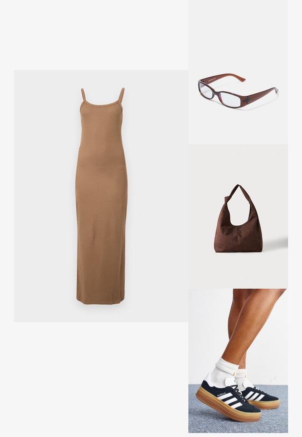 Vestido maxi marrón de canalé con tirantes finos, diseño ajustado y textura suave. Presenta un dobladillo recto en el tobillo.; Piernas con calcetines blancos y zapatillas Adidas Gazelle negras con rayas blancas y suelas marrones gruesas sobre un suelo alfombrado gris.; Gafas rectangulares con tintado marrón y acabado brillante, con varillas delgadas y lentes transparentes. Logo visible en la patilla izquierda.; Bolso de tela marrón con textura y un solo asa atada en un nudo, mostrado sobre un fondo claro y liso.