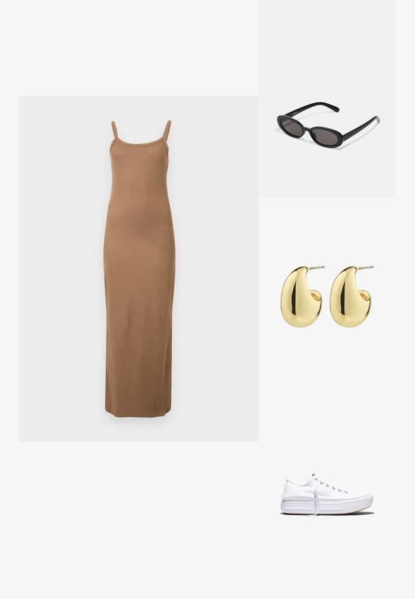 Vestido maxi marrón de canalé con tirantes finos, diseño ajustado y textura suave. Presenta un dobladillo recto en el tobillo.; Zapatilla blanca de lona de perfil bajo con suela gruesa de plataforma, cierre de cordones en el frente y puntera de goma texturizada, mostrada de perfil.; Even&Odd Gafas de sol - black; Pendientes de stud en tono dorado con una superficie suave y pulida, que presentan una forma abstracta en forma de lágrima. Hardware de metal simple para la sujeción.