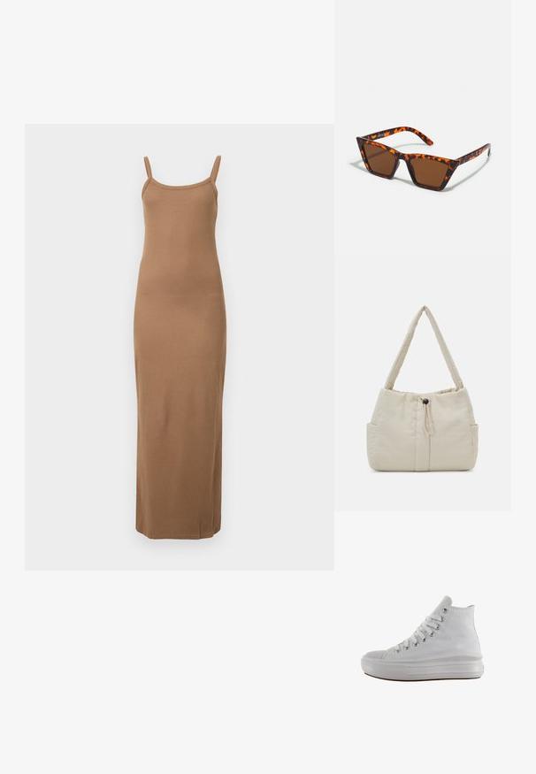 Vestido maxi marrón de canalé con tirantes finos, diseño ajustado y textura suave. Presenta un dobladillo recto en el tobillo.; Zapatilla de lona blanca de caña alta con cordones blancos, ojales metálicos, suela gruesa de goma y puntera texturizada, mirando hacia la izquierda sobre un fondo blanco.; Gafas de sol con tonalidades marrones y un patrón de carey, de montura angular y brazos delgados. Material plástico ligero.; Even&Odd by Zalando Bolso de mano - off-white