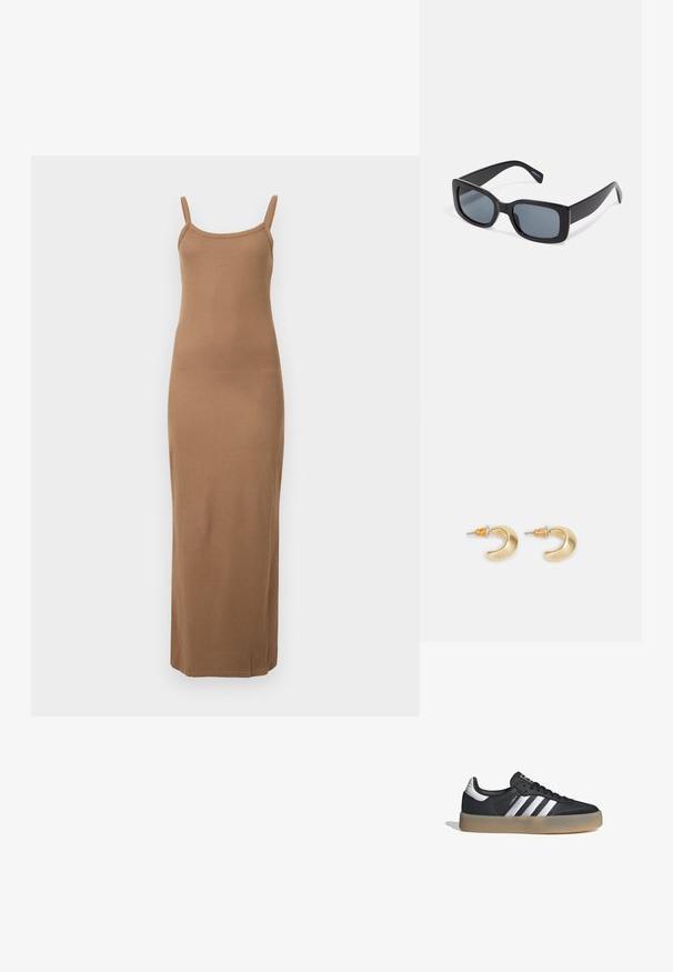 Vestido maxi marrón de canalé con tirantes finos, diseño ajustado y textura suave. Presenta un dobladillo recto en el tobillo.; Zapatilla deportiva de cuero negro con tres rayas plateadas, punta texturizada y suela de goma. Cuenta con un collar acolchado y un diseño con cordones.; Gafas de sol rectangulares negras con lentes oscuros, montura de plástico grueso y patillas anchas. Superficie lisa y diseño anguloso.; Pendientes en forma de media luna de oro con un acabado suave, que presentan acentos naranjas cerca del pasador y herrajes de plata.