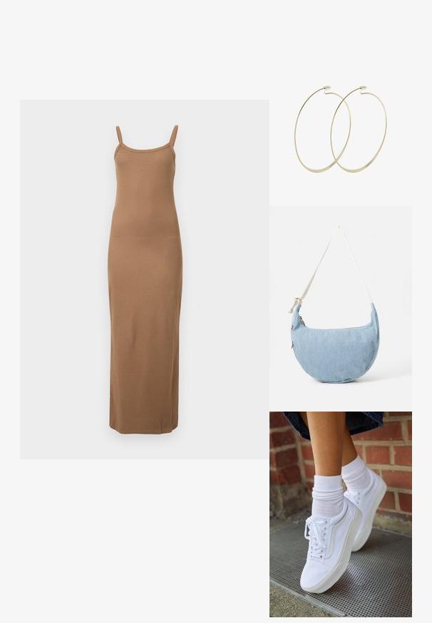 Vestido maxi marrón de canalé con tirantes finos, diseño ajustado y textura suave. Presenta un dobladillo recto en el tobillo.; Zapatillas de lona blancas con suelas de goma, que presentan seis ojales, puntera redonda y detalles de costura ligera, combinadas con calcetines blancos hasta el tobillo.; Bolso de hombro de mezclilla azul claro en forma de media luna con correa blanca ajustable y cierre de cremallera.; Pilgrim Pendientes - gold-coloured