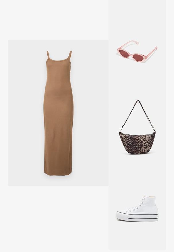 Vestido maxi marrón de canalé con tirantes finos, diseño ajustado y textura suave. Presenta un dobladillo recto en el tobillo.; Zapatillas altas blancas de material de lienzo, con suela de goma negra y una franja negra en el mediopie. Punta circular y diseño de cordones.; Gafas de sol transparentes rosas con lentes ovalados, tinte rojo oscuro y varillas delgadas, con un acabado suave y detalles sutiles en la montura.; Bolso de mano de tela con estampado de leopardo, con forma curva, correa de hombro delgada y cierre de cremallera. Tonos naturales de beige y marrón oscuro. Textura suave.