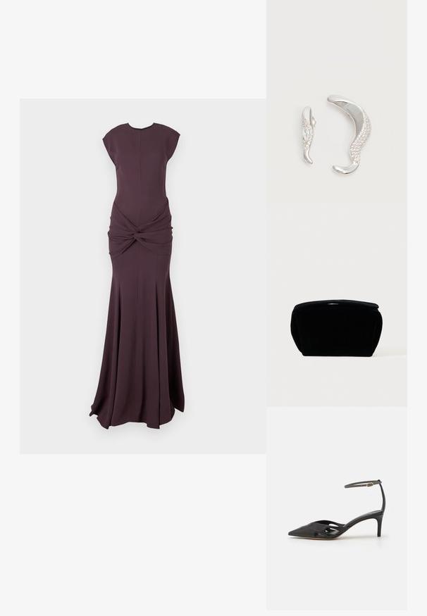 Dark plum-colored sleeveless evening gown with a fitted bodice, knotted detail at the waist, and a flared floor-length skirt.; Black leather high-heeled shoe with a pointed toe, open sides, and a thin ankle strap featuring a small gold hardware detail.; Black velvet cosmetic bag with a soft, textured surface, rounded top, and zip closure. Compact design, suitable for various storage needs.; Two curved silver earrings, one larger than the other, both adorned with small sparkling crystals along one edge.