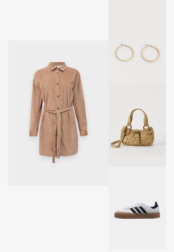 Lichtbruine corduroy button-up jurk met lange mouwen, kraag en een bijpassende stoffen riem die in de taille is geknoopt.; Witte leren sneakers met zwarte strepen, gumrubberen buitenzool, ronde neus, vetersluiting en een zachte grijze suède neuskap.; Beige leren handtas met dubbele handvatten, messing gesps en klinknagel details, en een verstelbare schouderriem tegen een witte achtergrond.; Een paar gladde goudkleurige middelgrote creooloorbellen met scharniersluitingen op een effen lichte achtergrond.