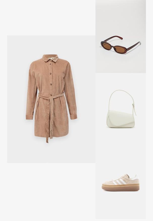 Vestido camisero de pana de color marrón claro con mangas largas, cuello y un cinturón de tela a juego atado en la cintura.; Zapatilla de ante beige con detalles en cuero blanco, que cuenta con tres franjas blancas, un logo dorado y una suela gruesa de goma translúcida.; Gafas de sol redondas con tinte marrón y un marco burdeos brillante. Patillas delgadas con un sutil detalle de marca. Diseño de lentes planos.; Bolso de mano de imitación cuero blanco con una forma triangular estructurada, correa ajustable única y cierre con solapa acentuada en curva.