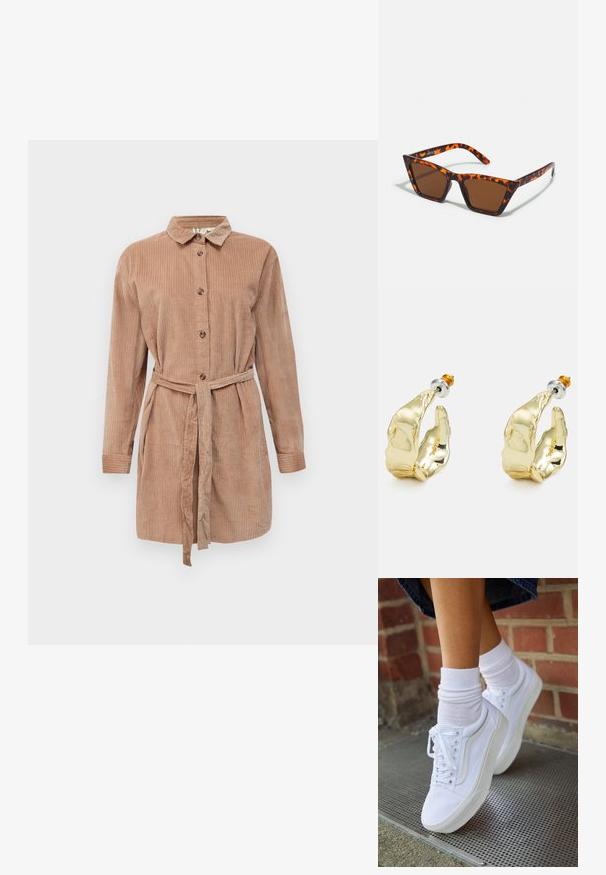 Vestido camisero de pana de color marrón claro con mangas largas, cuello y un cinturón de tela a juego atado en la cintura.; Zapatillas de lona blancas con suelas de goma, que presentan seis ojales, puntera redonda y detalles de costura ligera, combinadas con calcetines blancos hasta el tobillo.; Gafas de sol con tonalidades marrones y un patrón de carey, de montura angular y brazos delgados. Material plástico ligero.; Pendientes en tono dorado con forma de manos abstractas, que presentan una superficie brillante, detalles intrincados y un poste de plata y oro para un ajuste seguro.