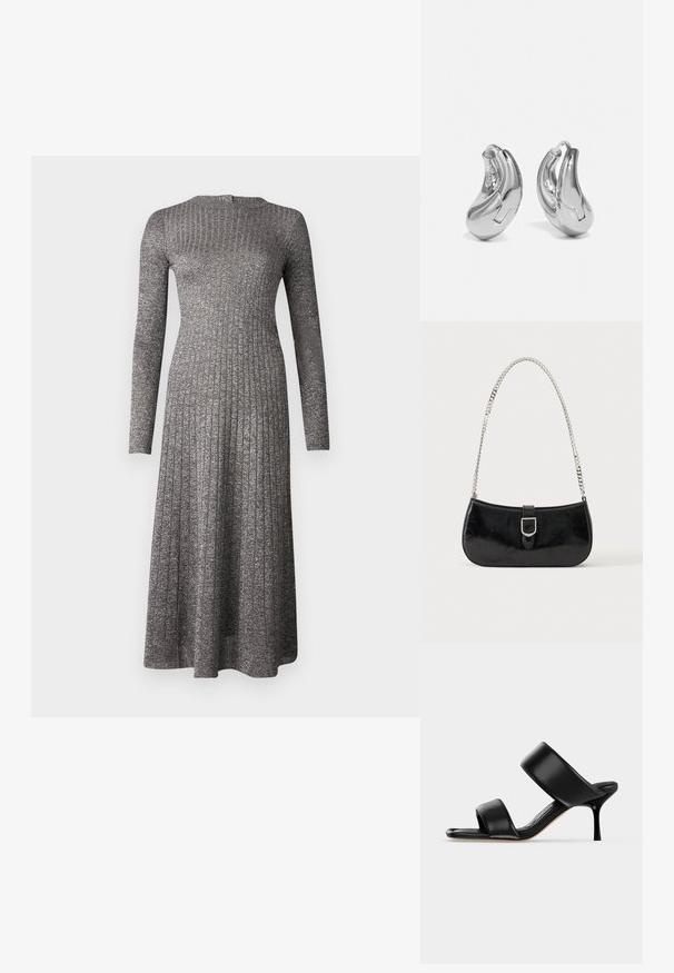 Robe à manches longues en tissu gris argenté, avec un corsage ajusté et une jupe évasée, dotée d'un col rond et d'un éclat subtil.; Sandale mule en cuir noir avec deux larges brides et un talon stiletto fin de hauteur moyenne sur un fond clair uni.; Sac à épaule en cuir verni noir avec détail de boucle argentée et bandoulière en chaîne argentée, présenté sur un fond uni clair.; Boucles d'oreilles en argent en forme de créoles avec une finition incurvée et brillante, et un design sans couture. Équipées d'une fermeture à charnière pour un port sécurisé.