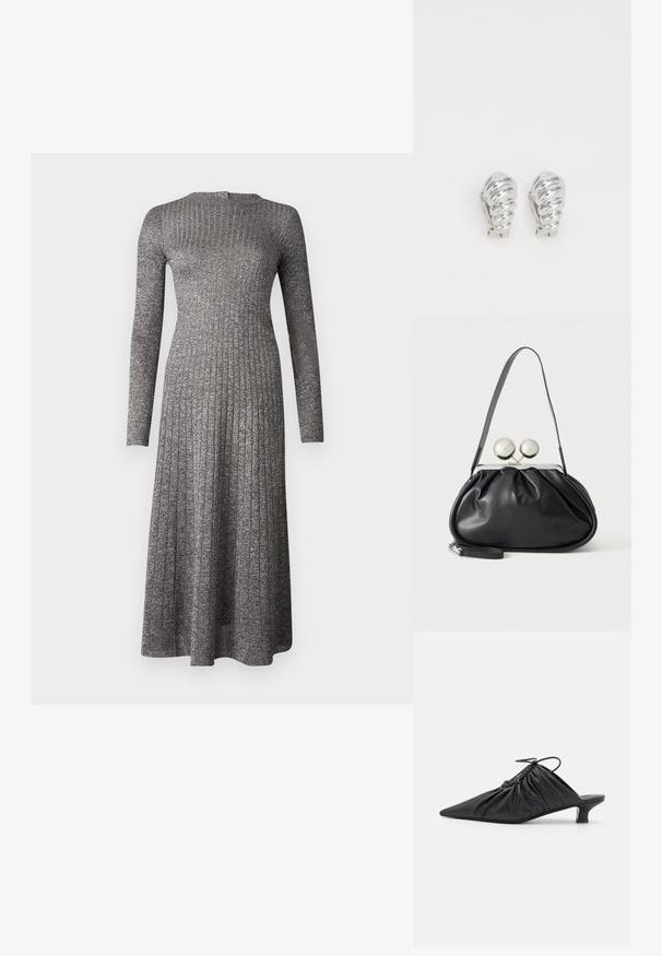 Langärmliges, geripptes Kleid aus silbergrauem Stoff mit taillierter Oberpartie und schwingendem Rock. Es hat einen runden Ausschnitt und einen dezenten Glanz.; Schwarze Leder-Mules zum Hineinschlüpfen mit spitzer Zehe, geraffter Textur und kleinem Kitten-Heel. Verfügt über ein Zugbanddetail am Öffnung.; Schwarze Ledertasche mit gerafftem Design, einem einzelnen Riemen, silbernem Metallrahmen und zwei großen runden silbernen Verschlüssen.; Silberne Clip-On-Ohringe mit spiralförmigem Design, das eine glatte metallische Textur und abgerundete Formen aufweist. Keine sichtbaren Verzierungen oder Muster.