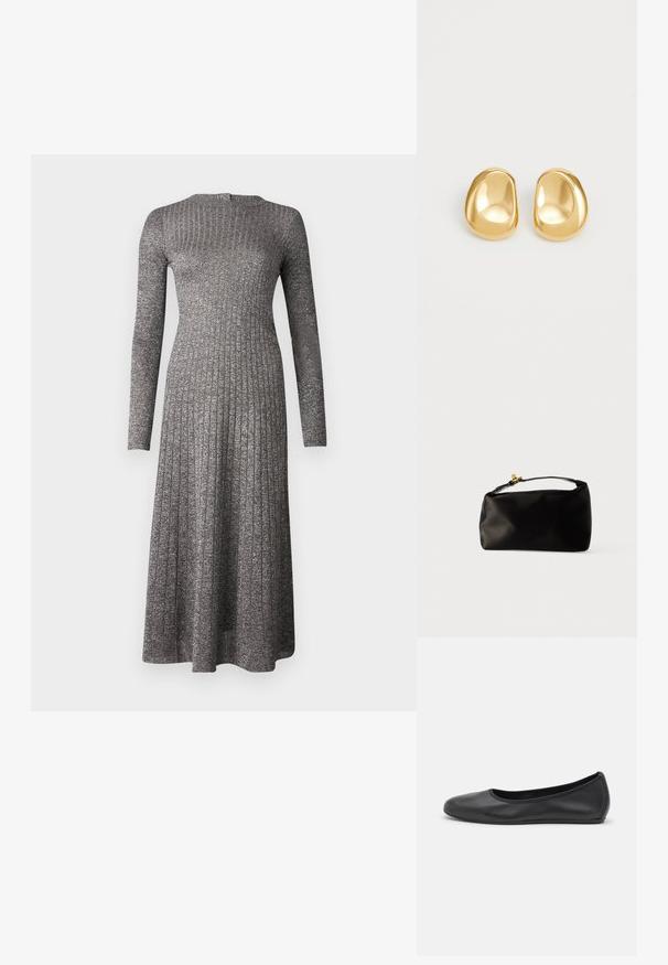 Vestido de manga larga de tela gris plateada con un corpiño ajustado y una falda acampanada, que presenta un escote redondo y un sutil brillo.; Bailarina de piel negra con punta redondeada, textura suave, detalle de costura minimalista y diseño de suela flexible.; Bolsa de terciopelo negro con forma redondeada, un asa superior y un cierre de acento dorado. Textura suave con un diseño minimalista.; Pendientes de studs en color dorado con una forma suave y redondeada y una superficie reflectante, que exhiben un diseño minimalista y sin patrones visibles.