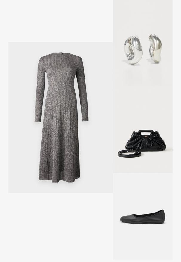 Robe à manches longues en tissu gris argenté, avec un corsage ajusté et une jupe évasée, dotée d'un col rond et d'un éclat subtil.; Ballerines en cuir noir avec un bout rond, texture lisse, détails de couture minimalistes et design de semelle flexible.; Petit sac à main en cuir noir avec texture froncée, poignée rectangulaire et fine bandoulière amovible placée à côté.; Boucles d'oreilles sculpturales en argent avec des formes douces et courbes et des surfaces réfléchissantes. Présentent un design de boucle fermée et une forme organique distincte.