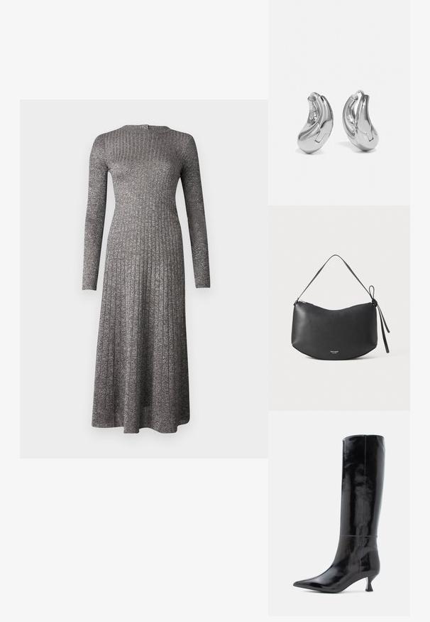 Robe à manches longues en tissu gris argenté, avec un corsage ajusté et une jupe évasée, dotée d'un col rond et d'un éclat subtil.; Bottes en cuir noir, montantes jusqu'au genou, avec une finition brillante, un bout pointu et un petit talon carré. Texture lisse, détails de couture minimalistes.; Sac à bandoulière en cuir noir avec une forme courbe, fermeture éclair et une anse nouée. Présente un logo discret à l'avant. Texture lisse.; Boucles d'oreilles en argent en forme de créoles avec une finition incurvée et brillante, et un design sans couture. Équipées d'une fermeture à charnière pour un port sécurisé.
