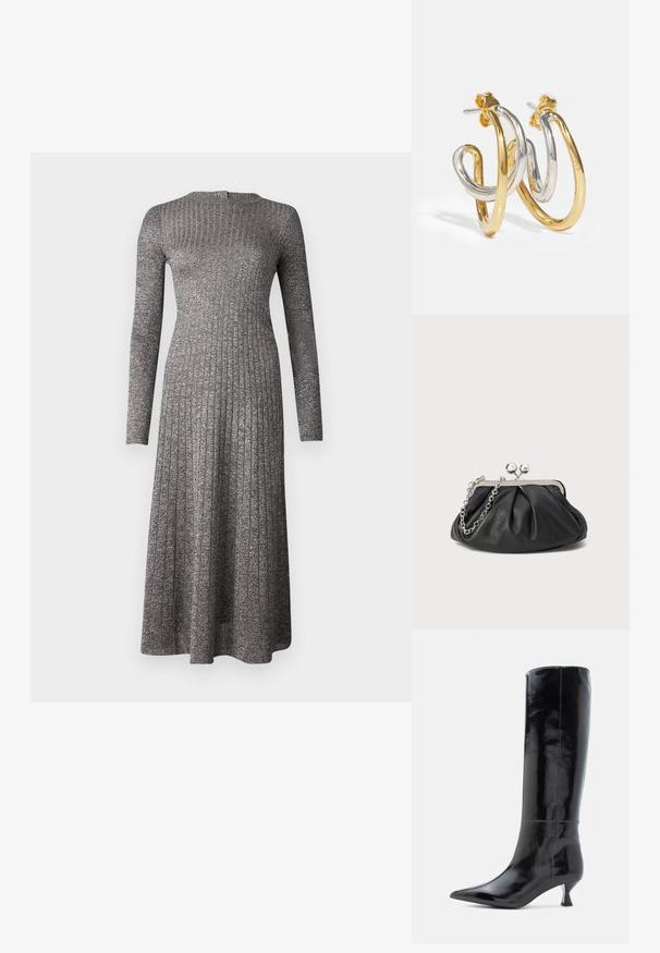 Langärmliges, geripptes Kleid aus silbergrauem Stoff mit taillierter Oberpartie und schwingendem Rock. Es hat einen runden Ausschnitt und einen dezenten Glanz.; Schwarze Lederstiefel bis zum Knie mit glänzender Oberfläche, spitzer Zehe und kleinem, quadratischen Absatz. Glatte Textur, minimale Nähdetails.; Schwarze Leder-Clutch mit geraffter Textur, silberfarbener Metallrahmen, Druckverschluss und Kettenriemen. Glatte, weiche Oberfläche.; Gold- und Silber-verwobene Creolen mit glatten, glänzenden Oberflächen; mit einem Steckverschluss für sicheren Sitz.