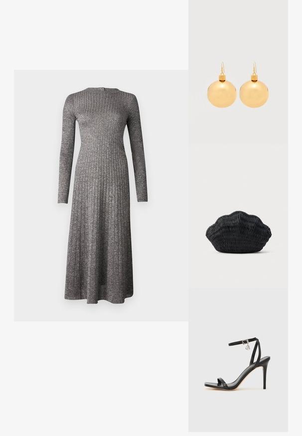 Langärmliges, geripptes Kleid aus silbergrauem Stoff mit taillierter Oberpartie und schwingendem Rock. Es hat einen runden Ausschnitt und einen dezenten Glanz.; Schwarze High-Heel-Sandale mit schmalem Knöchelriemen, quadratischer Zehenbox, glattem Leder und metallischem Schnallenakzent.; Schwarze Korbtasche in Muschelform mit gebogenem Oberteil und gewebter Textur auf einfarbigem Hintergrund.; Paar glänzende goldene Weihnachtskugel-Ohrringe mit Hakenverschlüssen auf einfachem weißem Hintergrund.