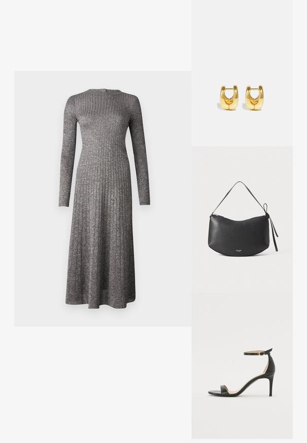 Langärmliges, geripptes Kleid aus silbergrauem Stoff mit taillierter Oberpartie und schwingendem Rock. Es hat einen runden Ausschnitt und einen dezenten Glanz.; Schwarze Leder-high-heeled Sandale mit Knöchelriemen. Verfügt über eine glatte Textur, offene Zehen und einen dünnen Absatz. Goldfarbener Schnallenakzent.; Schwarze Leder-Umhängetasche mit geschwungener Form, mit Reißverschluss und einem geknoteten Trageriemen. Auf der Vorderseite befindet sich ein dezentes Logo. Glatte Textur.; Goldene Creolen mit einem schlanken, abgerundeten Design. Sie verfügen über eine hohle Mitte und eine glänzende Oberfläche, die moderne Stile ergänzen.
