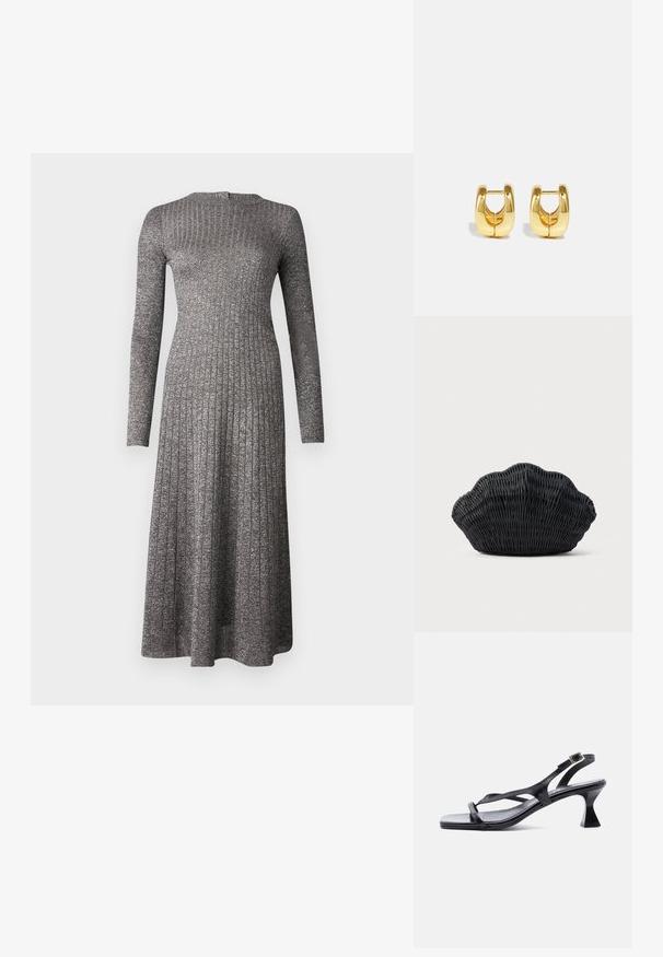 Robe à manches longues en tissu gris argenté, avec un corsage ajusté et une jupe évasée, dotée d'un col rond et d'un éclat subtil.; Sandale femme en cuir noir avec fines lanières, bout carré, boucle de cheville réglable et talon mi-hauteur évasé.; Sac à main en osier noir en forme de coquille Saint-Jacques avec un dessus courbé et une texture tressée sur un fond uni.; Boucles d'oreilles en or avec un design élégant et arrondi. Présentent un centre creux et une surface brillante, complétant les styles modernes.