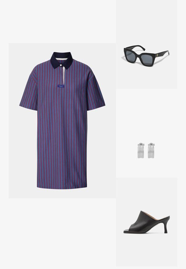 Pruhovaná polo košeľa v modrej farbe s červenými pruhmi, s námorníckym golierom a krátkym zipsom, vyrobená z textúrovanej tkaniny s logom.; Selected ASHLEY - Šľapky na opätku - black; Čierne slnečné okuliare s výrazným štvorcovým rámom, obsahujúce tmavé sklá a zlatý logový akcent na jednom ramene. Vyrobené z lesklého plastového materiálu.; Pár lesklých strieborných kruhových náušníc s hladkým, mierne zakriveným povrchom a motýlikovým zapínaním, zobrazených na bielom pozadí.