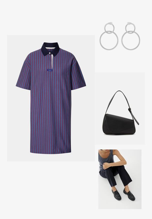 Sinine triibuline polo särk punaste triipudega, millel on tumesinine krae ja lühike tõmblukk, valmistatud tekstuursest kangast koos logoplaadiga.; Mustad nahast loafersid tekstureeritud detailidega, madala kontsaga, ümmarguse varbaosaga ja nähtava õmblustega. Modell kannab tumedaid pükse ja halli t-särki.; Mustmust värvi nahk-käekott, kolmnurkse kujuga, kaldega klapp ja ümar pehandle. Omab siledat tekstuuri ja minimalistikku kujundust.; Hõbedast kõrvarõngad, mis on kujundatud kahe omavahel seotud ringiga, üks suurem ja teine väiksem, rohkelt harjatud viimistlusega ja push-back-klambritega.