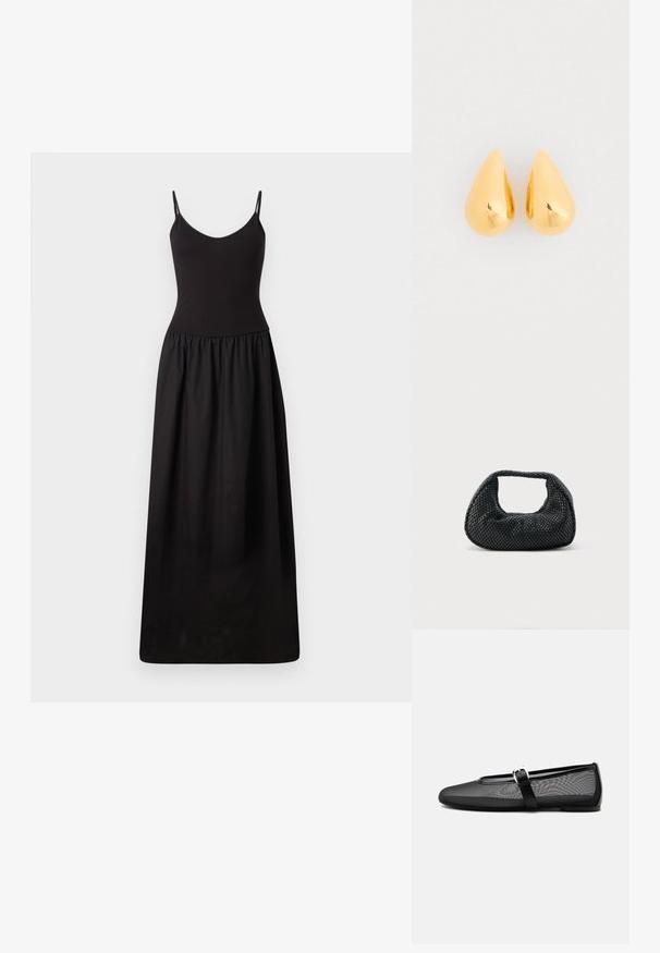 Zwart maxi-jurk met dunne verstelbare bandjes, fitted corsage, geplooide taille en gladde stof, die tot op de vloer reikt met een eenvoudige silhouet.; Zwarte mesh ballerina met ronde neus en verstelbare Mary Jane-band met een zilveren gesp, op een effen lichtgrijze achtergrond.; Zwarte geweven hobo-tas met een zachte structuur en geïntegreerd handvat, weergegeven op een effen lichte achtergrond.; Gouden druppelvormige oorbellen met een gladde, gepolijste oppervlakte en ronde onderkanten, die het licht weerkaatsen met een glanzende afwerking.