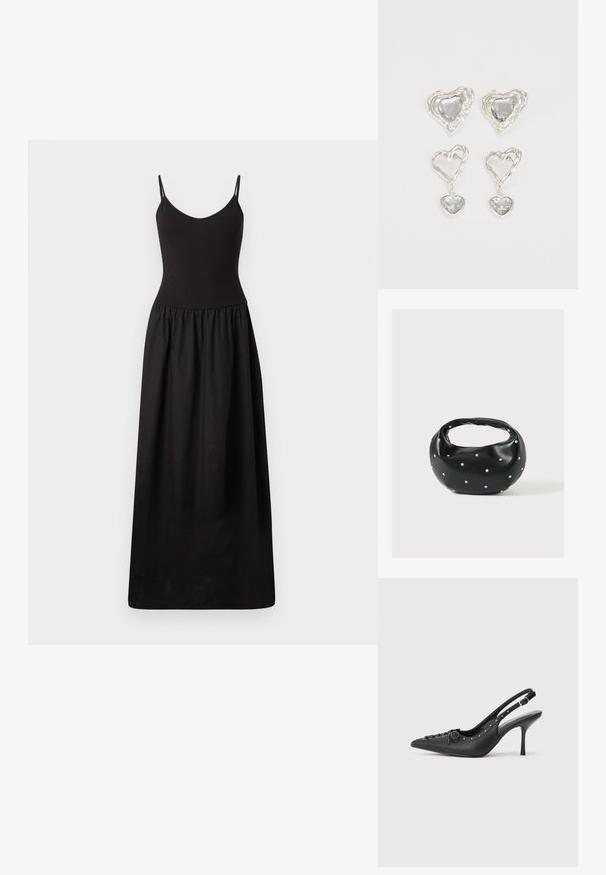 Schwarzes Maxikleid mit dünnen, verstellbaren Trägern, tailliertem Oberteil, gerafftem Taillenbereich und glattem Stoff, der bis zum Boden reicht und eine schlichte Silhouette hat.; Schwarzer Leder-Slingback-Stiletto mit spitzem Zehenaufsatz, seitlichem Schnallenriemen, Nieten entlang der Kante und dekorativer Schnürung vorne.; Schwarze Lederhandtasche mit abgerundeter Form, verziert mit silbernen Nietenakzenten und kurzem Griff. Glatte Struktur und Reißverschlussverschluss.; Silberne herzförmige Ohrringe mit facettierten klaren Steinen und einem strukturierten Rahmen. Das Set umfasst Stecker- und Anhänger-Stile.