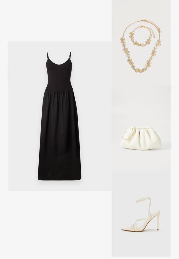 Schwarzes Maxikleid mit dünnen, verstellbaren Trägern, tailliertem Oberteil, gerafftem Taillenbereich und glattem Stoff, der bis zum Boden reicht und eine schlichte Silhouette hat.; Beige Sandaletten mit hohem Absatz und spitzer Schuhspitze, ausgestattet mit drei vorderen Riemen und einem dünnen Knöchelriemen mit Schnalle. Glatte Textur, minimalistisches Design.; Weiße Lederhandtasche mit einem gerafften Design, ausgestattet mit einem goldenen Kettenriemen und einer runden Form. Glatte Textur mit sanften Falten und ohne Muster.; Goldfarbener Halsketten- und Armband-Set mit klaren Kristallblumen- und Blattdesigns, beide mit verstellbaren Kettenverschlüssen auf weißem Hintergrund.