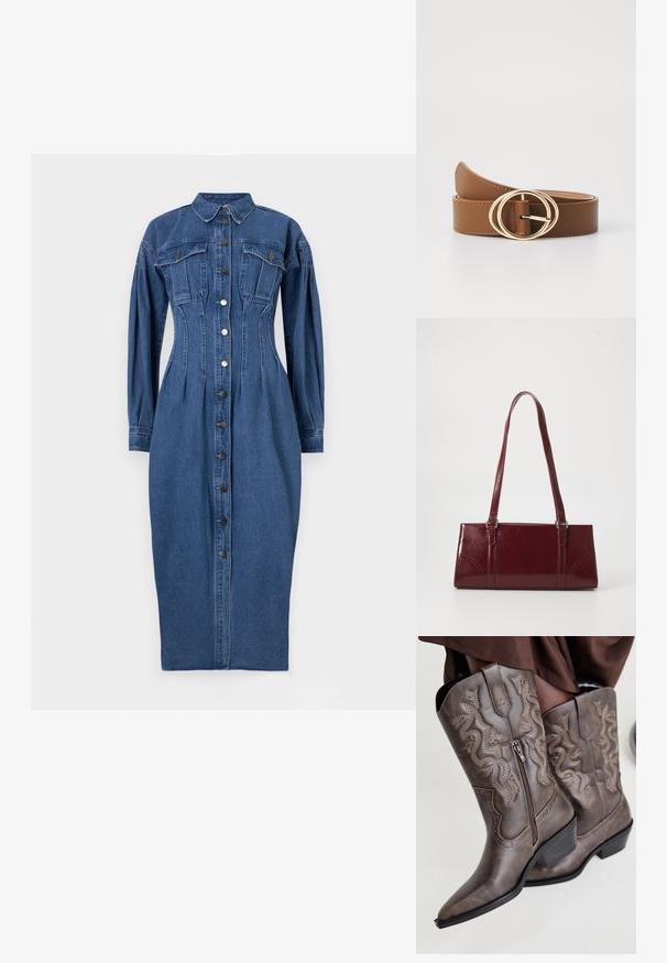 Denimkjole med knaplukning foran, lange ærmer, to brystlommer og en struktureret silhuet i en mellemblå vask.; Brune læder cowboystøvler med spids tå, sidelukning og struktureret slange-design i beige, med dekorative nitter langs kanterne.; Bordeaux håndtaske lavet af glansfuldt materiale, rektangulær form, med to skulderremme og subtile buede detaljer på forsiden.; Brun læderbælte med en guld dobbelt-circle spænde, der har en glat overflade og justerbar længde. Simpelt design med pæne stikninger.