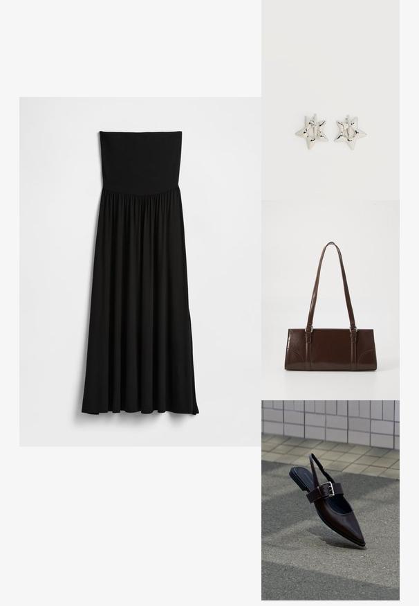 Robe maxi noire sans bretelles, dotée d'un corsage extensible, d'une jupe froncée, d'une texture lisse et d'une silhouette fluide avec des fentes sur les côtés.; Chaussure plate à bout pointu marron foncé avec bride arrière, large sangle et grande boucle argentée sur l'asphalte près d'un mur carrelé.; Sac à main en cuir verni marron de forme rectangulaire, avec deux longues poignées et des accents courbés subtils à l'avant.; Boucles d’oreilles créoles en forme d’étoile argentée avec une finition lisse et polie sur un fond blanc uni.