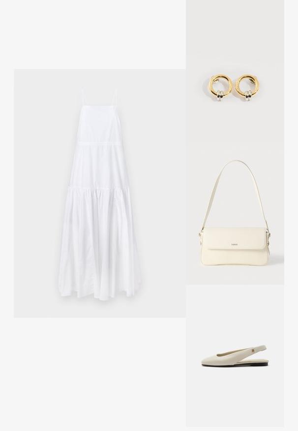 Robe blanche sans manches avec un corsage ajusté, une jupe à volants et un léger éclat. Dotée de bretelles fines ajustables et d'une taille froncée.; Chaussure plate slingback en cuir couleur crème avec un bout arrondi et un petit emblème doré sur la bride.; Sac à bandoulière en cuir couleur crème avec fermeture à rabat, quincaillerie argentée, une bandoulière réglable et un logo discret.; Boucles d'oreilles circulaires en or avec deux petites bagues en argent sur chacune, affichant des détails subtils du nom de la marque gravé, posées sur un fond blanc.