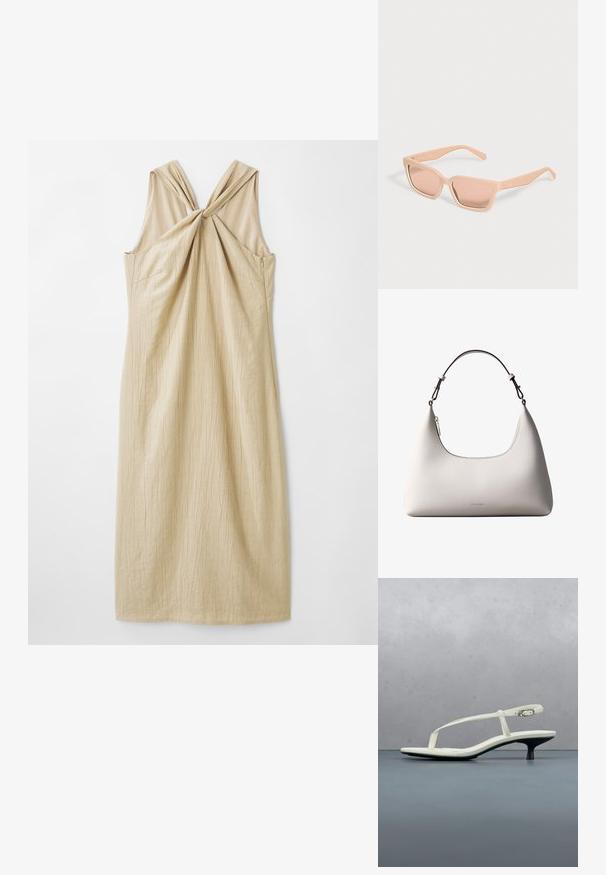 Robe sans manches beige avec un design de dos noué, fabriquée à partir d'un tissu texturé, présentant une silhouette droite et une coupe mi-jarret.; Sandale blanche à talon kitten avec des lanières et un bout pointu, flottant au-dessus d'un sol en carrelage en bois en plein air avec un arrière-plan flou de plante et de mur.; Lunettes de soleil rectangulaires couleur pêche clair avec montures épaisses et verres teintés assortis sur un fond uni clair.; Sac à bandoulière en cuir couleur crème de Calvin Klein avec bord supérieur incurvé, fermeture éclair argentée et sangle ajustable brun foncé.