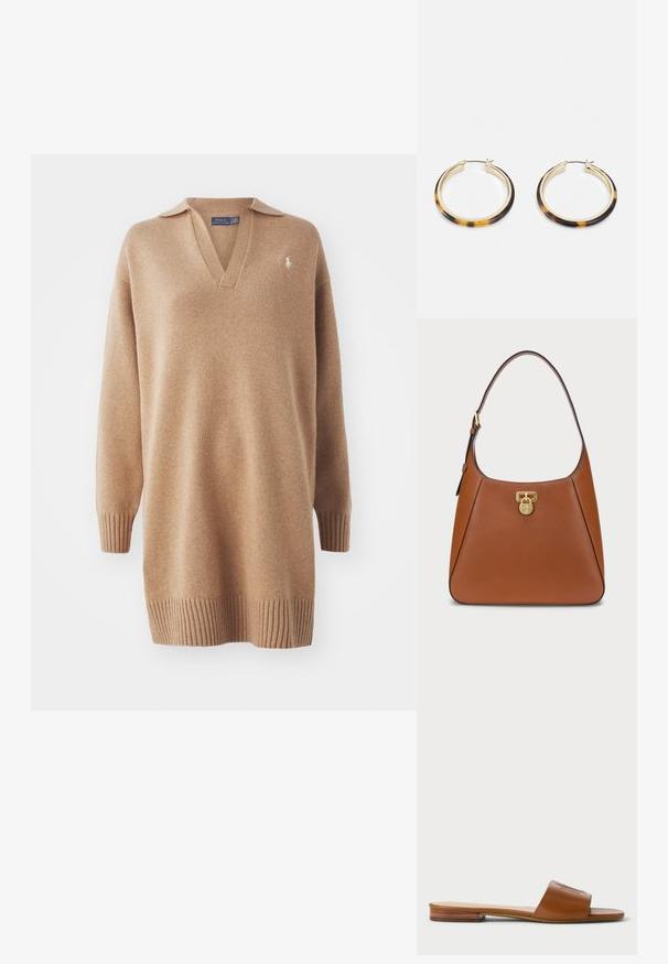 Beige striktrøje med V-hals og polo-krave. Har ribbede manchetter og kant. Broderet logo på venstre bryst. Blød tekstur.; Brune læder slide sandal med en bred rem og præget detaljering, flad sål med en let træaccent på hælen, minimalistisk design.; Brun læder håndtaske med en stor, rund form. Har en guldfarvet lås detalje og en enkelt, buet skulderrem. Glat tekstur.; Guldtonede hoop øreringe med en skildpadde-mønstret harpikskant, der har en glat finish og en elegant, rund form.
