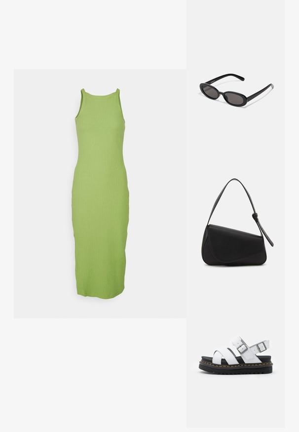 Robe débardeur en tricot de couleur vert vif avec une texture côtelée, dotée d'un col rond et d'une silhouette ajustée, arrivant au milieu du mollet.; Sandales en cuir blanc avec des sangles réglables à boucle, semelle en noir superposée et détail de couture orange le long du bord.; Even&Odd by Zalando Lunettes de soleil - black; Sac à main en cuir noir de forme triangulaire, avec un rabat incliné et une poignée supérieure arrondie. Il présente une texture lisse et des détails de design minimalistes.
