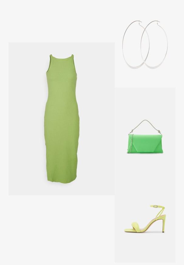 Robe débardeur en tricot de couleur vert vif avec une texture côtelée, dotée d'un col rond et d'une silhouette ajustée, arrivant au milieu du mollet.; Sandale à talons hauts jaune-vert avec un bout ouvert et une sangle de cheville ajustable. Texture lisse et design épuré et minimaliste.; Mascara CB61156 - Pochette - apple; Boucles d'oreilles en argent avec un design fin et lisse ; forme ovale allongée ; finition polie ; présente un fermoir à crochet sécurisé.