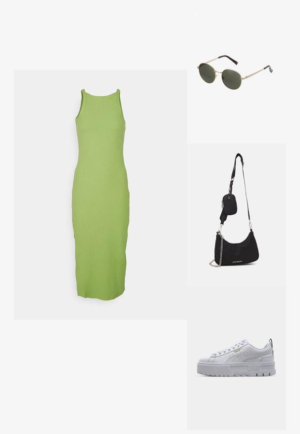 Robe débardeur en tricot de couleur vert vif avec une texture côtelée, dotée d'un col rond et d'une silhouette ajustée, arrivant au milieu du mollet.; Baskets plateformes blanches avec une tige en cuir lisse, un col rembourré, une semelle en caoutchouc grise et des accents dorés arborant le logo Puma.; Lunettes de soleil rondes avec des montures en métal doré et des verres vert foncé. Les branches présentent un design écaille de tortue pour un détail supplémentaire.; Sac en nylon noir à l'épaule avec une forme incurvée, accent en chaîne argentée, pochette mini amovible et bandoulière ajustable ; présente le logo "Steve Madden".