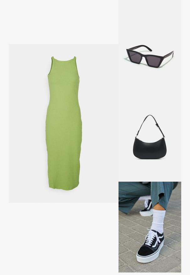 Vestido de punto sin mangas en verde brillante con una textura acanalada, que presenta un escote redondo y una silueta ajustada, llegando hasta la mitad de la pantorrilla.; Zapatillas de ante negro con acentos y cordones blancos, que cuentan con una gruesa suela blanca y costuras en contraste, combinadas con un calcetín blanco.; Gafas de sol negras y angulares con lentes grises; fabricadas en plástico, con varillas gruesas de superficie suave y sin herrajes visibles.; Pieces PCALUANA SHOULDER BAG - Bolso de mano - black