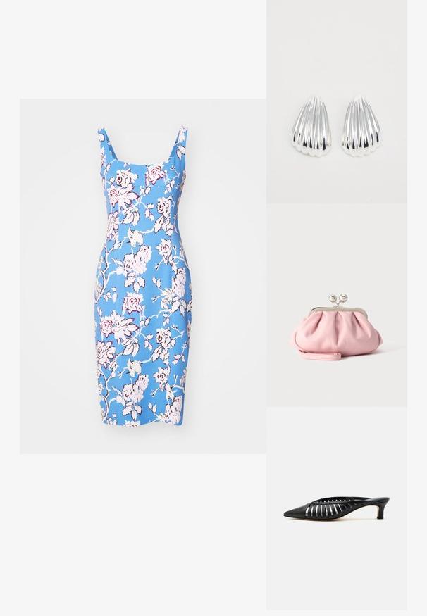 Vestido floral azul con una silueta ajustada, escote cuadrado y tirantes. Presenta patrones florales en rosa y blanco y una textura suave.; Zapato mule de cuero negro con punta afilada, diseño de tiras con recortes y tacón bajo tipo kitten sobre fondo blanco.; Pequeño bolso de mano rosa suave con marco metálico plateado y cierre redondo, reposando sobre una superficie plana y clara con la correa de muñeca doblada al frente.; Un par de pendientes en forma de concha, de metal plateado brillante y estriado, sobre un fondo blanco liso, mostrando superficies reflectantes y suaves.