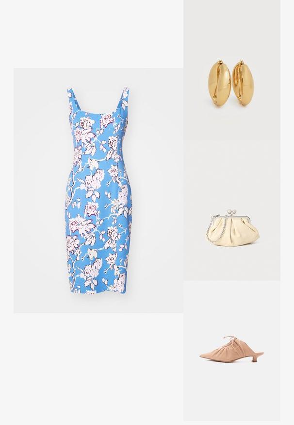 Blauwe bloemenjurk met een aansluitende silhoët, vierkante halslijn en schouderbandjes. Heeft roze en witte bloemenpatronen en een gladde textuur.; Beige leren damesmuiltje met puntige neus, geplooide bovenzijde, trekkoord en lage kittenheel, afgebeeld op witte achtergrond.; Geplooide beige leren clutch met een zilveren metalen frame, voorzien van twee ronde decoratieve sluitingen en een zilveren kettingriem.; Een paar gepolijste oorbellen van goudkleurig metaal met een dik, licht ovaal, robuust ontwerp en scharnierklemmen op een witte achtergrond.