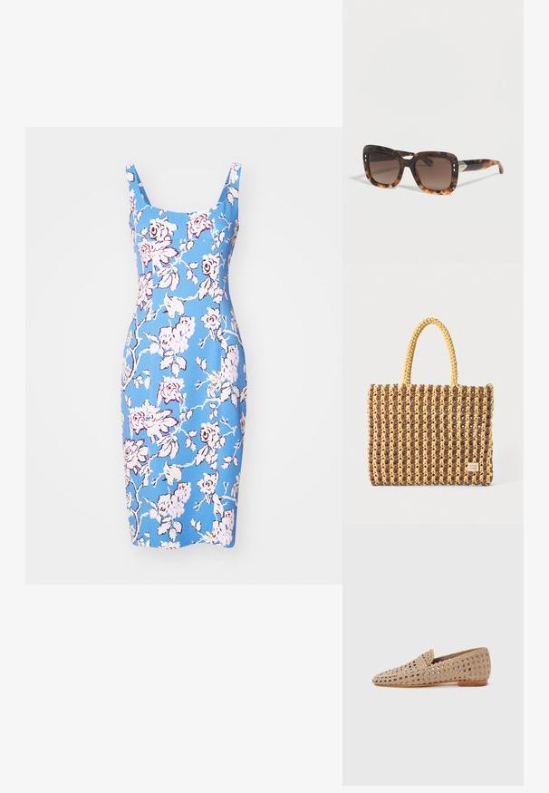 Sininen kukkamekko, jossa on muotoon ommeltu siluetti, neliönmallinen pääntie ja olkaimet. Tässä mekossa on vaaleanpunaisia ja valkoisia kukkakuvioita sekä sileä pinta.; Beige vävattu loafers-malli, jossa on rei'itetty muotoilu ja matala puukorko, esitetty sivulta yksinkertaista vaaleaa taustaa vasten.; Kilpikonnakuvioiset neliönmuotoiset aurinkolasit, joissa on ruskeat liukuvärilliset linssit ja hopeiset korostepisteet saranan lähellä valkoisella taustalla.; Kudotasku ruskeana ja keltaisena, jossa on suorakulmainen muoto, kaksi kantohihnaa ja teksturoitu pinta, jossa näkyvät ompeleet ja brändilappu.