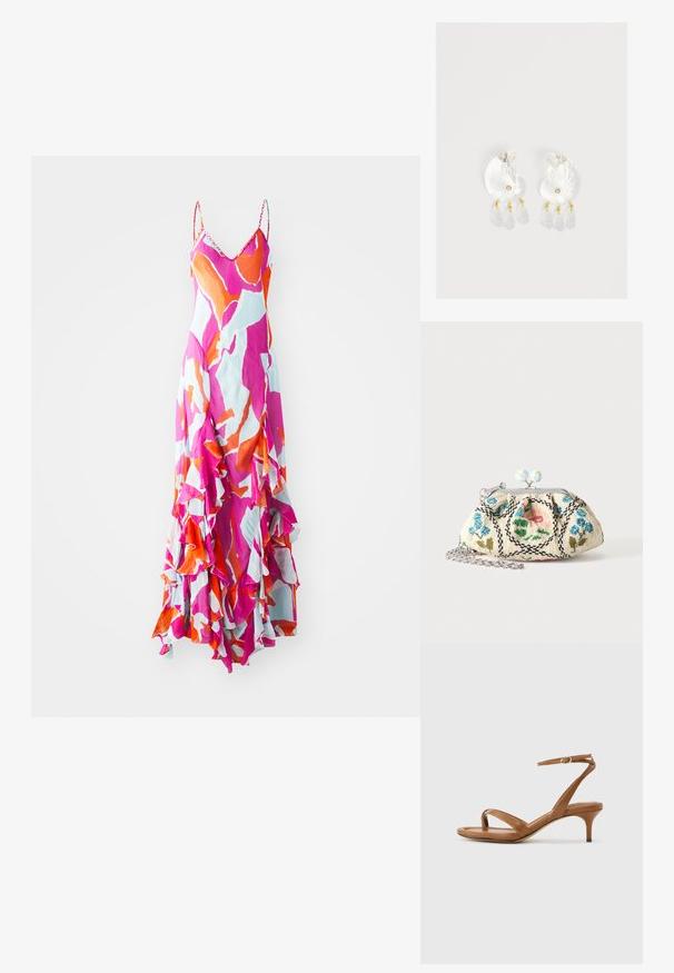 Maxi-jurk met spaghettibandjes, levendig roze, oranje en blauw abstract patroon, gerafelde zoom, lichtgewicht stof, vloeiende ontwerpen.; Bruine leren sandaal met bandjes, een lage kittenhak en een enkelriempje met een kleine gesp, zijaanzicht tegen een effen achtergrond.; Kleine stoffen beugeltas met bloemenkraalborduursel, metalen frame en zilveren kettingband op een effen lichte achtergrond.; Duidelijke hars oorbellen in schelpvorm met kleine gouden accenten en drie hangende doorschijnende druppelvormige bedels aan elk oorbel.