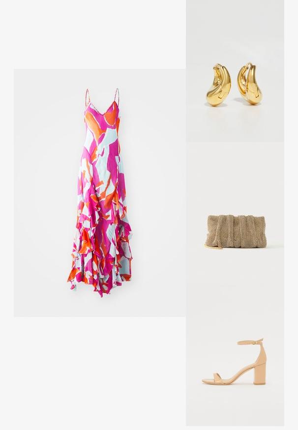 Maxikjole med spaghetti stropper, livlig pink, orange og blå abstrakt mønster, flæset kant, let vævning, flydende design.; Nude patenterede læderhælede sandaler med firkantet tå, ankelrem og en chunky blokhæle. Glat overflade og minimale designdetaljer.; Lille gylden mesh clutch taske med et rynket design og en delvist synlig guldkæde på en ensfarvet hvid baggrund.; Guldringeøreringe med en glat, buet form og poleret overflade. Udstyret med en lukkeanordning og lette fordybninger for detaljer.