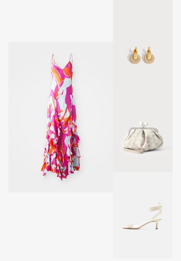 Maxi-jurk met spaghettibandjes, levendig roze, oranje en blauw abstract patroon, gerafelde zoom, lichtgewicht stof, vloeiende ontwerpen.; Roomkleurige sandalen met lage hak, enkelriempjes en een brede gedraaide band over de tenen, op een effen witte achtergrond.; Kleine beige clutch met gestructureerde stippenstof, zilveren frame, ronde witte gesp en afneembare polsband op een effen achtergrond.; Paar gouden oorringen met ronde kristal bezette hangers en scharnierende sluitingen op een neutrale achtergrond.