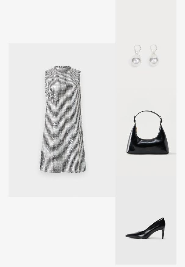 Robe sans manches en motif vichy noir et blanc, avec un col haut et une texture lisse, tombant juste au-dessus du genou.; Chaussure à talon haut en cuir noir avec un bout pointu, texture lisse et un talon effilé. Design minimaliste, sans embellissements supplémentaires.; Sac à main Calvin Klein noir brillant avec fermeture éclair dorée et anse courte sur fond blanc uni.; Boucles d'oreilles en argent en forme de goutte avec des surfaces lisses, rondes et réfléchissantes, suspendues à des fermoirs à ressort. L'arrière-plan est blanc uni.
